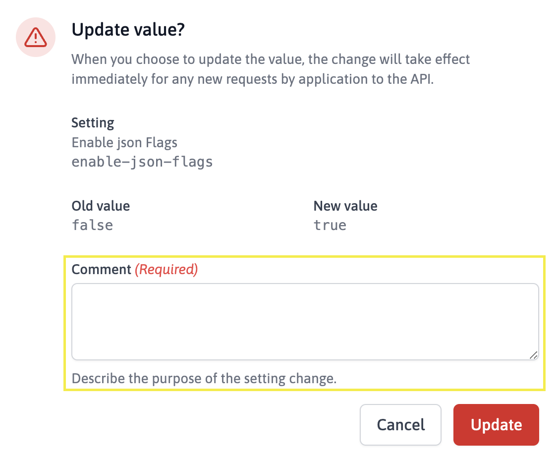 A screen capture from Zenmanage highlighting where a comment is required when updating a feature flag value.