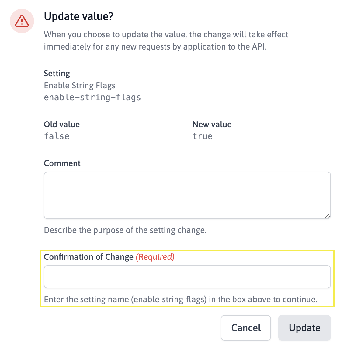 A screen capture from Zenmanage highlighting where confirmation is required when updating a feature flag value.