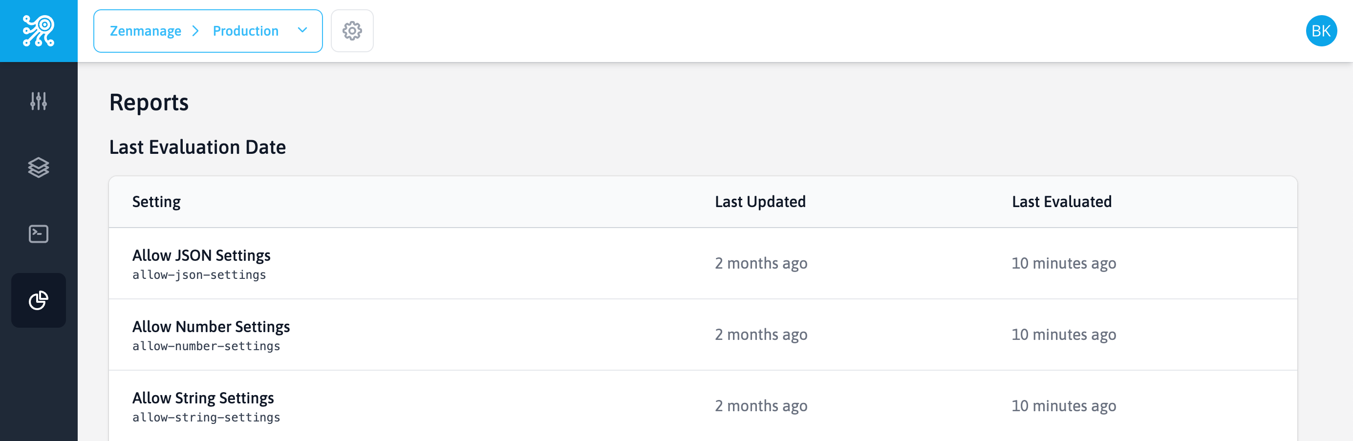 A screen capture from Zenmanage showing the new last evaluation date report available for each project environment.