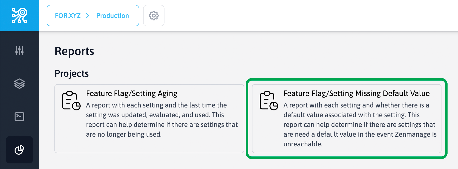 A screen capture from Zenmanage showing how to find the new missing default value report.