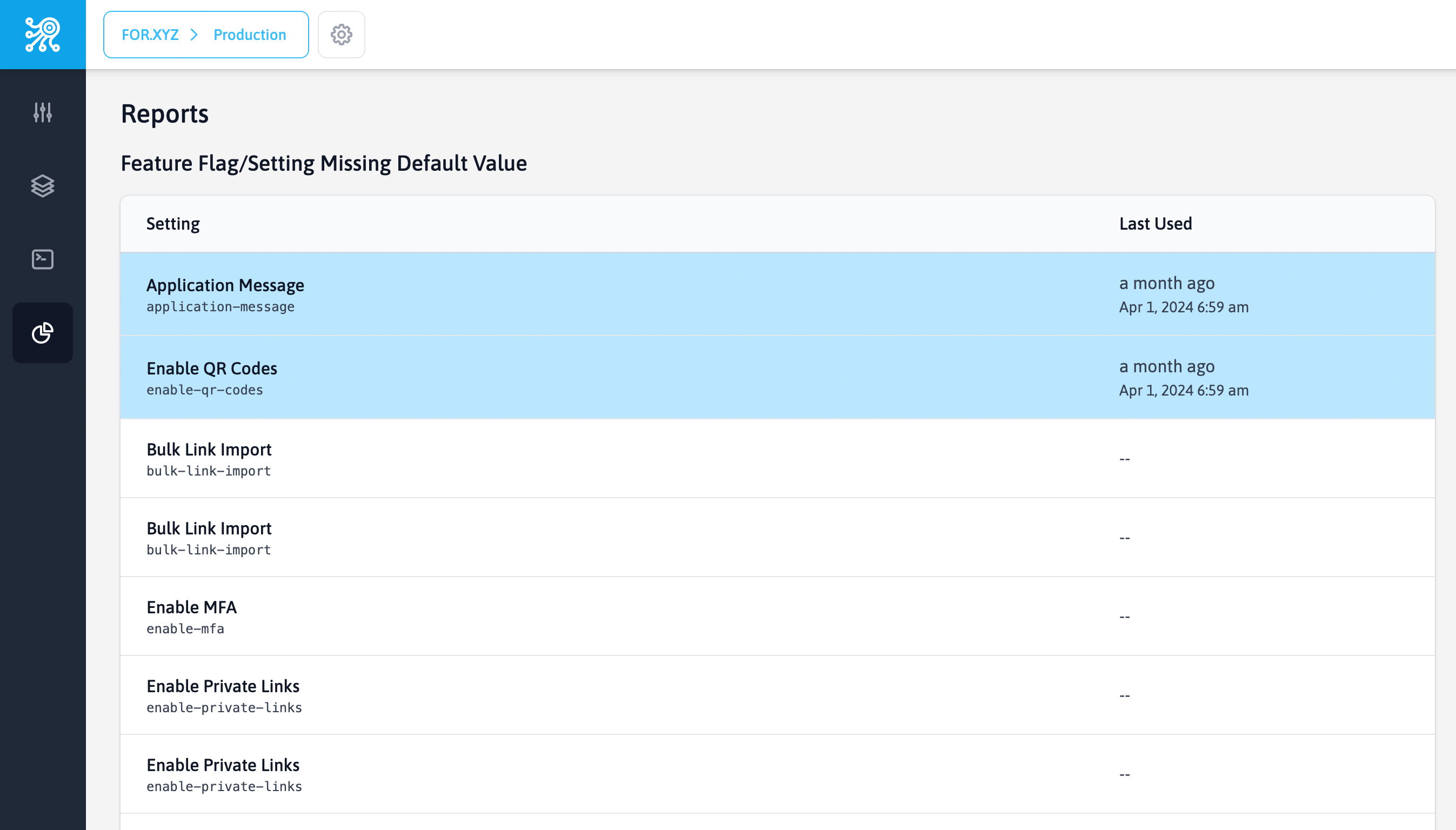 A screen capture from Zenmanage showing the new missing default value report available for each project environment.