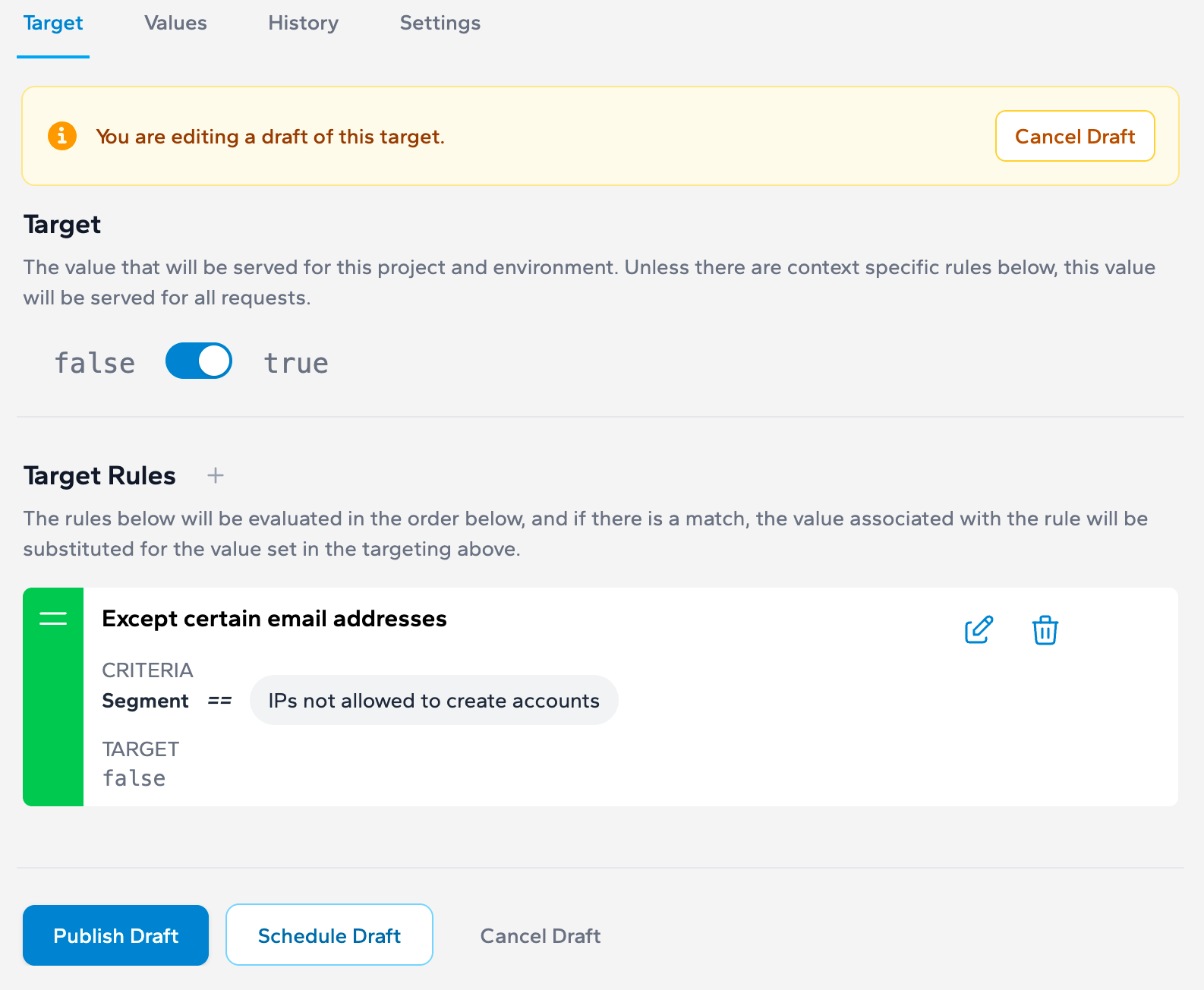 A screen capture from Zenmanage showing how to set a new target value for a feature flag.