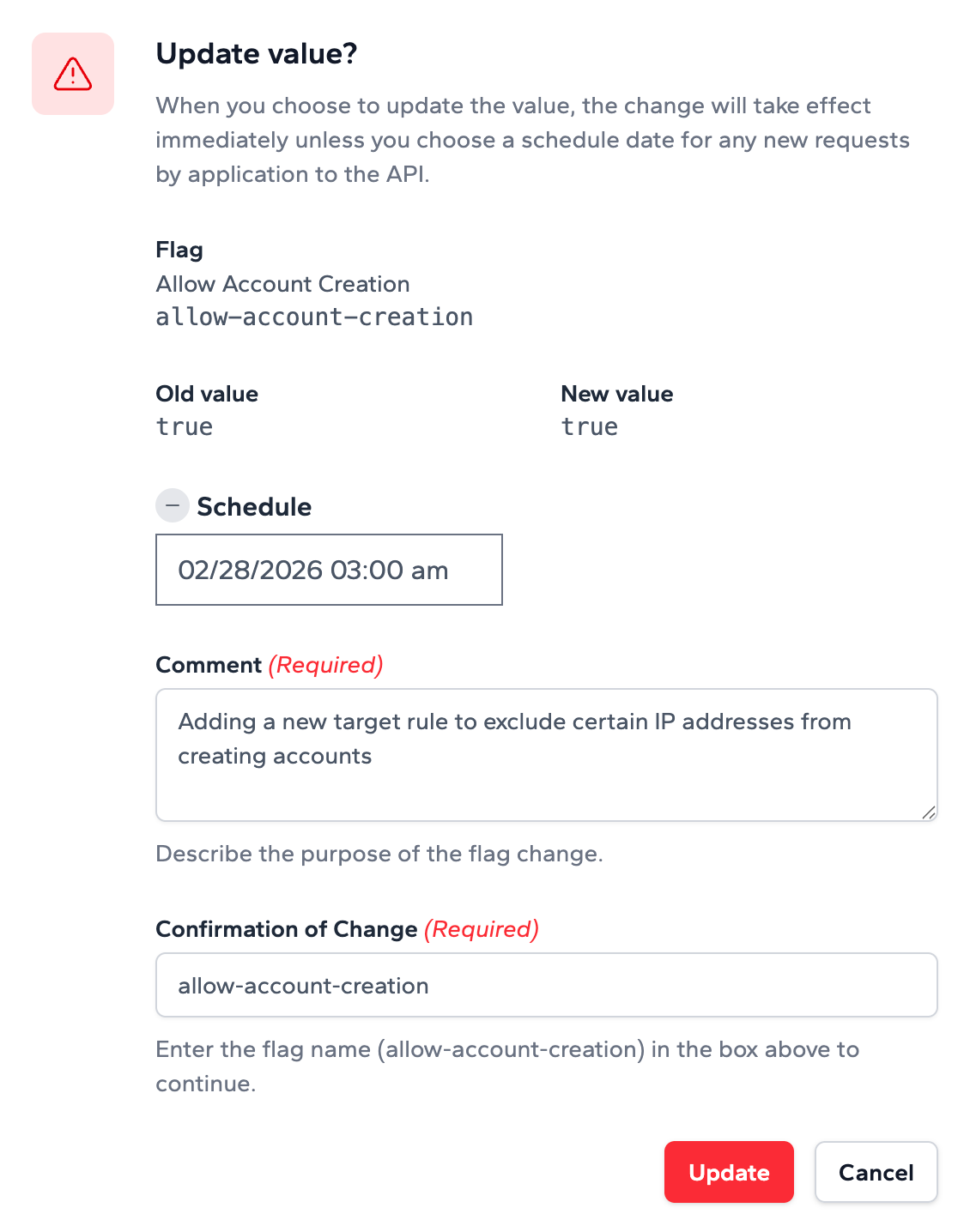 A screen capture from Zenmanage showing the confirmation step when scheduling a feature flag target change.