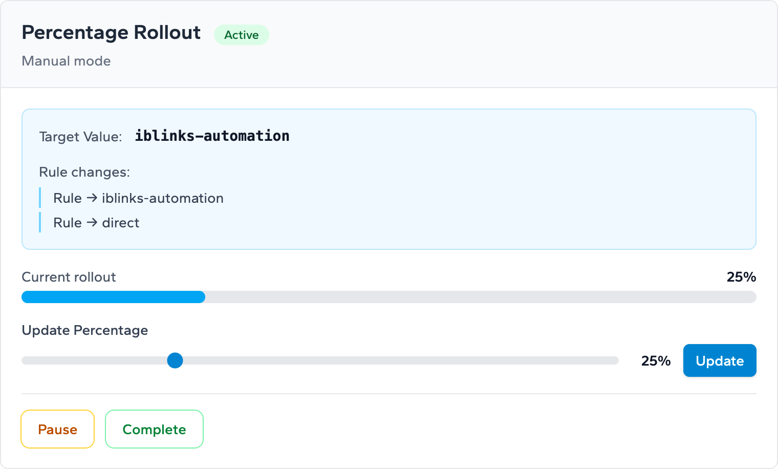 A screen capture from Zenmanage showing a manual progressive rollout active at 25 percent with a progress bar indicating the current rollout state.