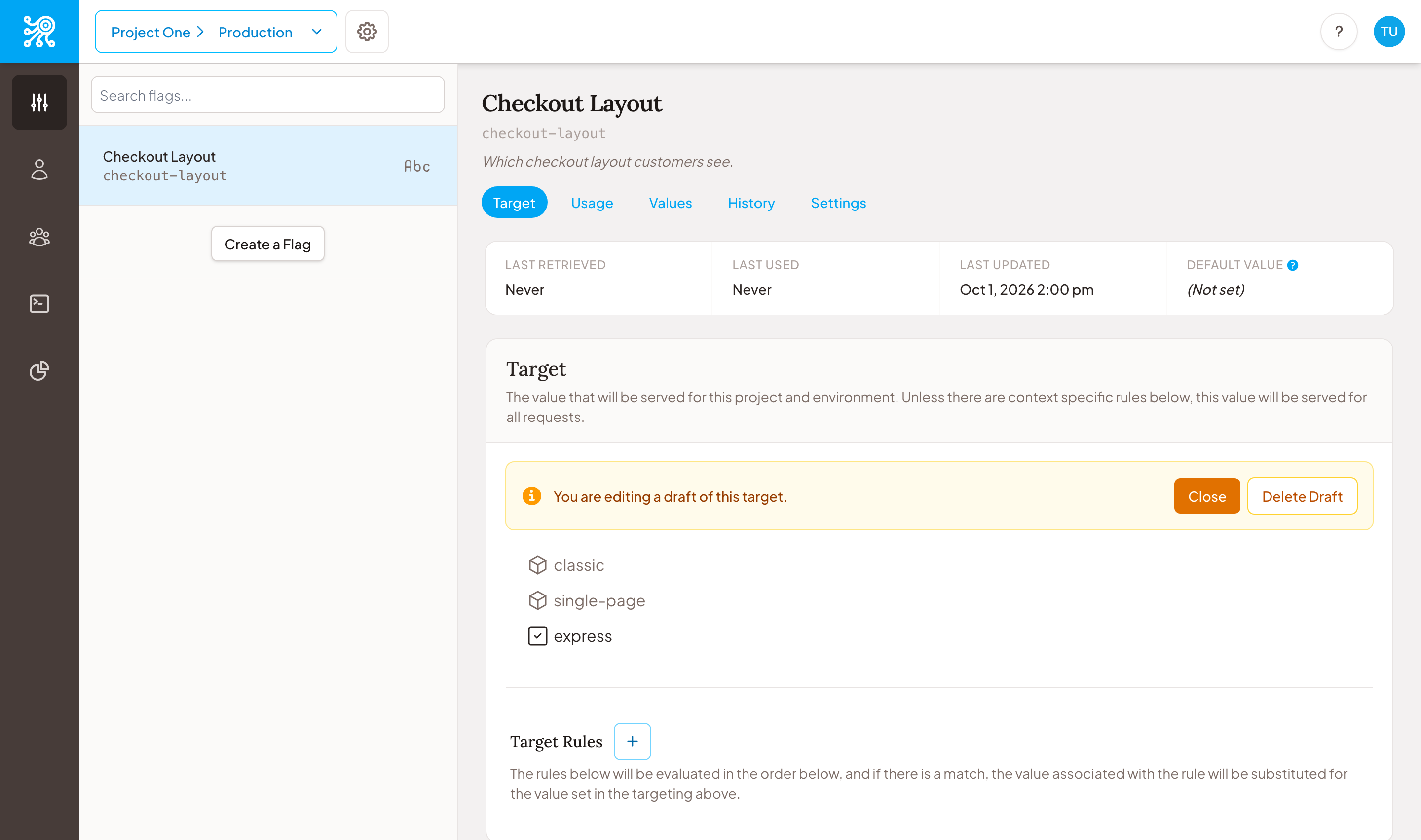 A screen capture from Zenmanage showing a flag's Target tab with a banner reading 'You are editing a draft of this target', with Close and Delete Draft buttons and the flag's values listed below it.