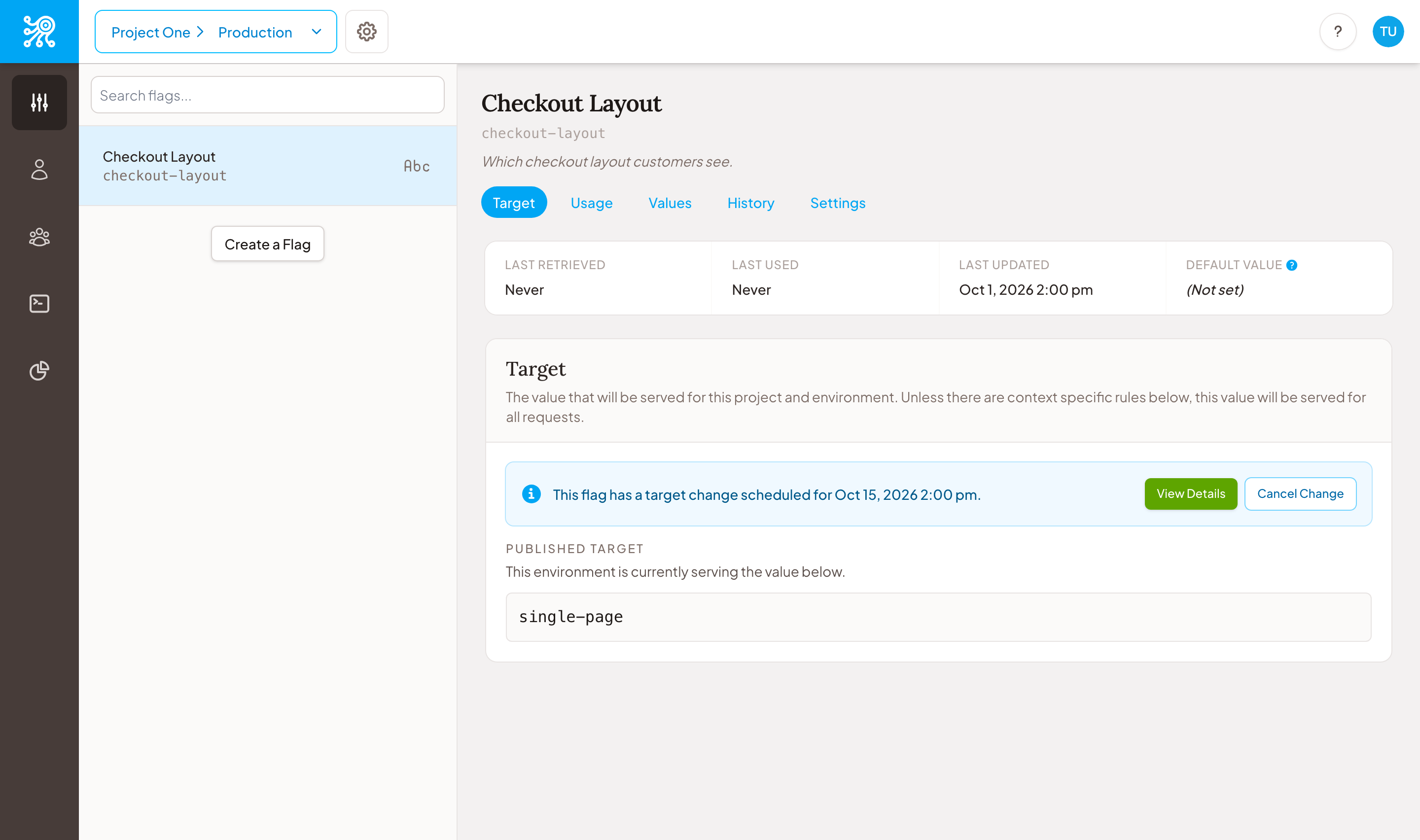 A screen capture from Zenmanage showing a flag's Target tab with a banner reading 'This flag has a target change scheduled for Oct 15, 2026 2:00 pm', with View Details and Cancel Change buttons above the currently published value.