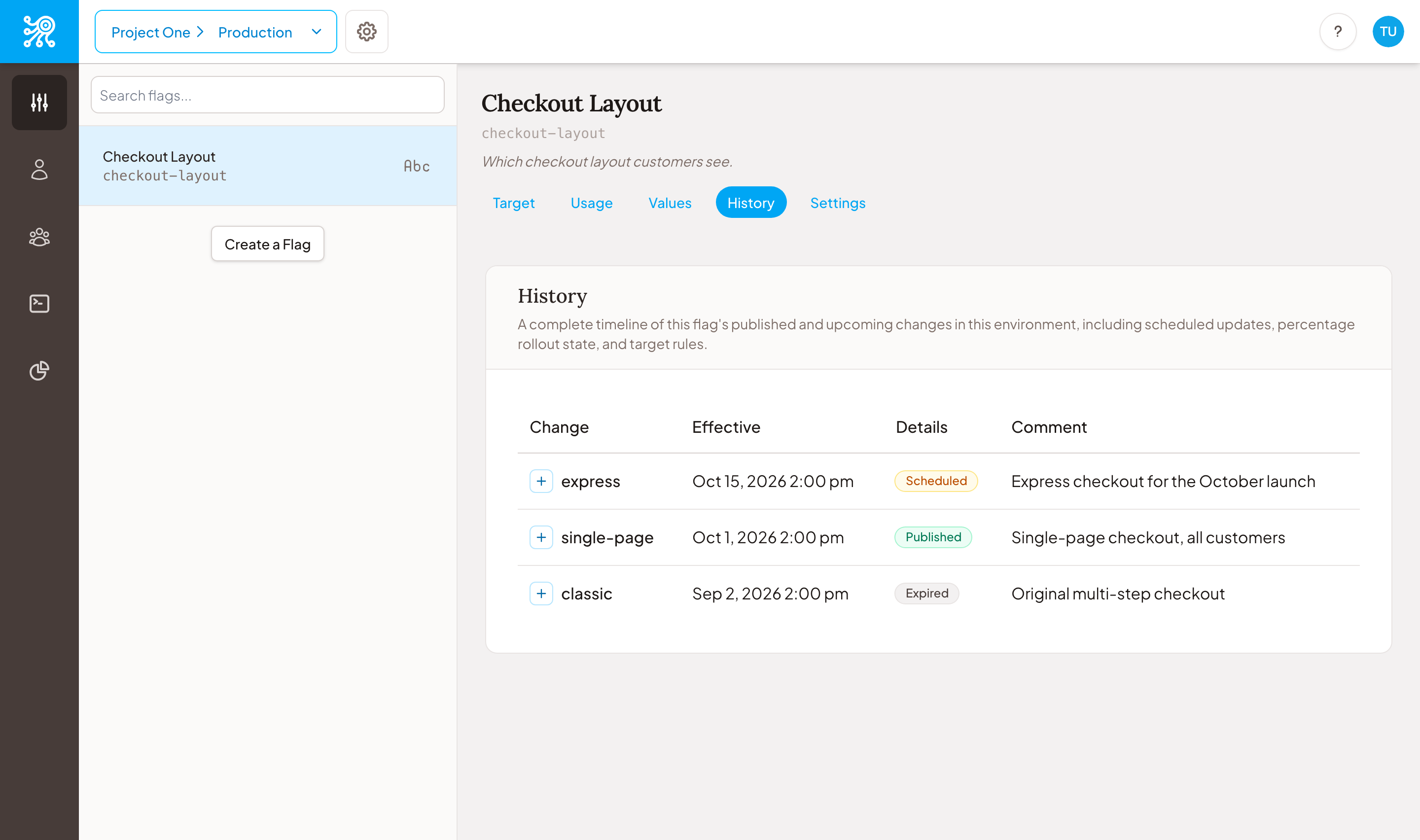 A screen capture from Zenmanage showing a flag's History tab with three rows: a scheduled target for 'express' on Oct 15, a published target for 'single-page' on Oct 1, and an expired target for 'classic' on Sep 2, each with a comment.