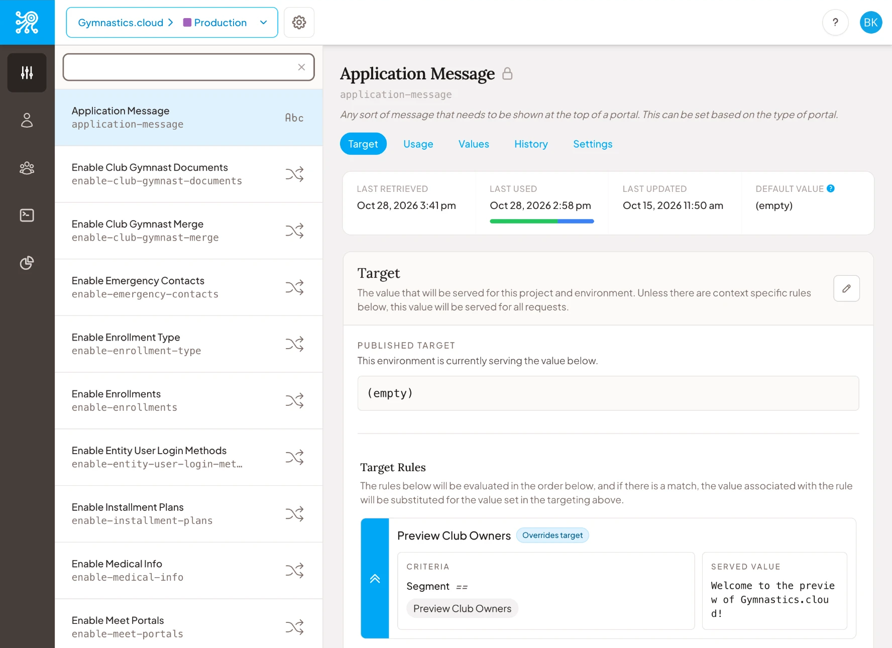 The Zenmanage flag list beside the Target panel for an application message flag, with a rule that serves a preview message to the Preview Club Owners segment