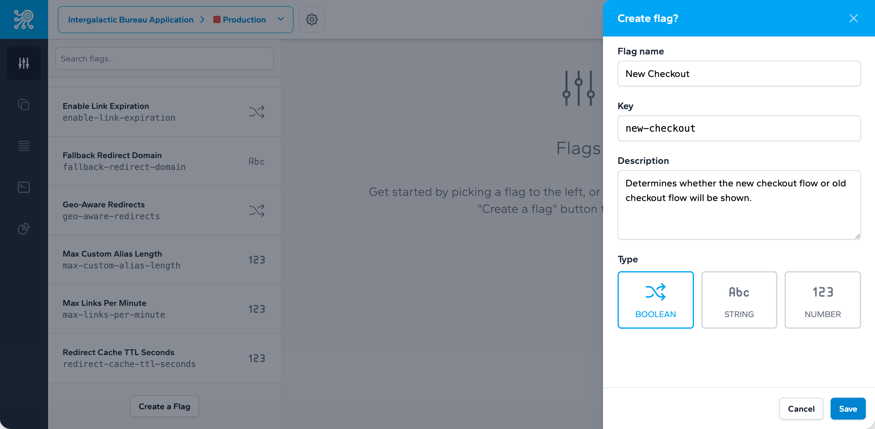 First flag creation flow showing flag key, name, type selector, and default target value