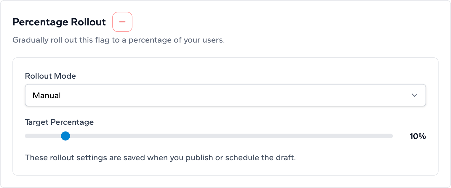 The Percentage Rollout panel with Manual mode selected and the target percentage slider set to 10%