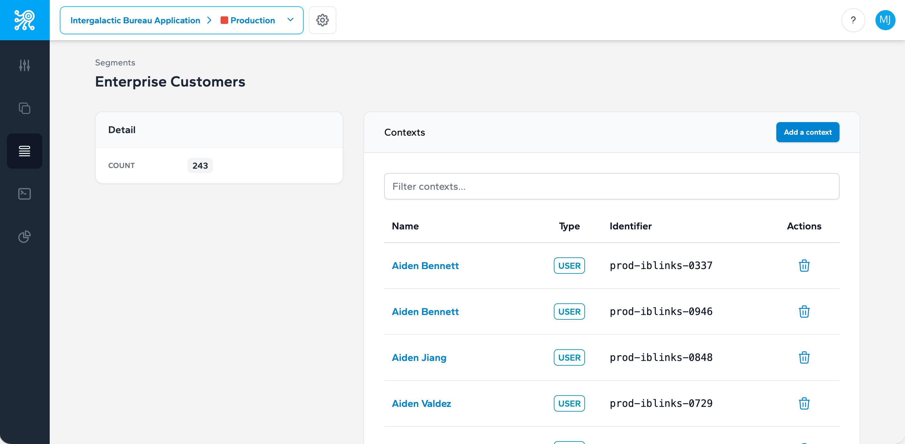 Segment list showing reusable audience definitions